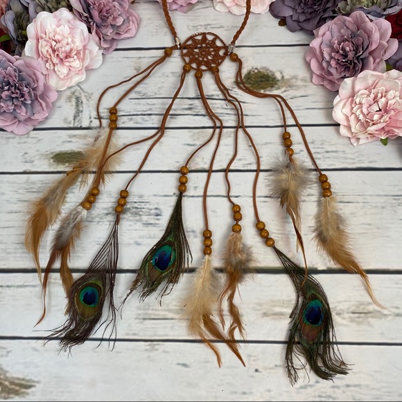 Boho Peacock/Brown Feather Dreamcatcher Headdress - Picture 7 of 14